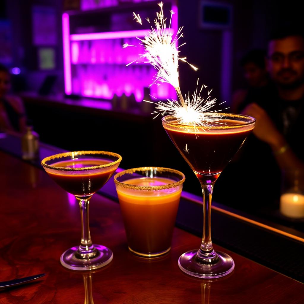 Neon-lit espresso martini bar with sparkler cocktail