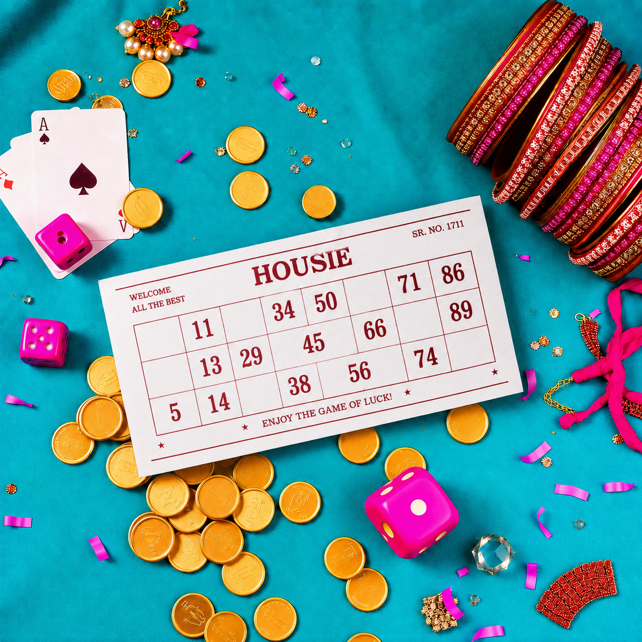 Tambola ticket with bangles and gold coins