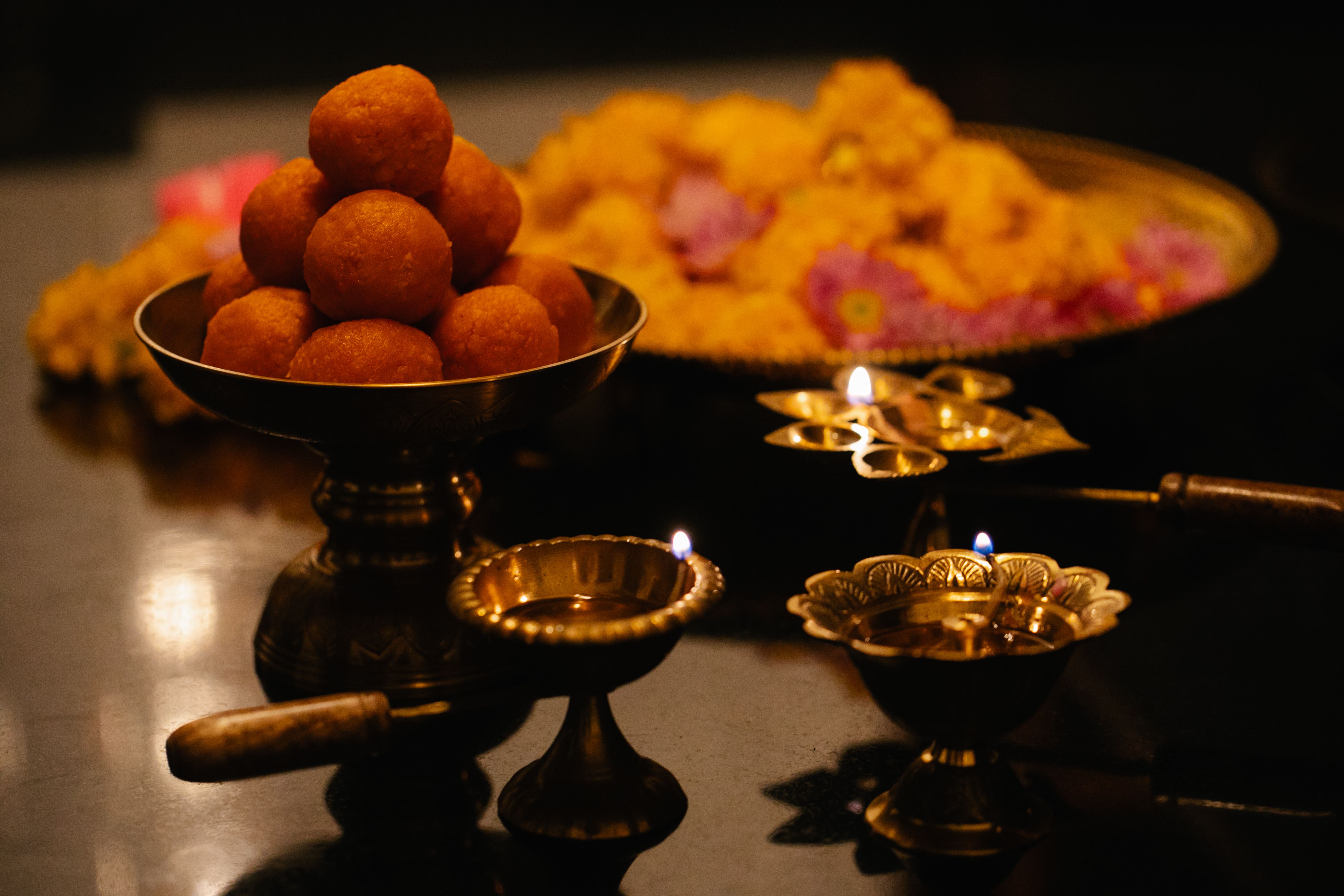 Satvik prasad thali on banana leaf with sheera and coconut