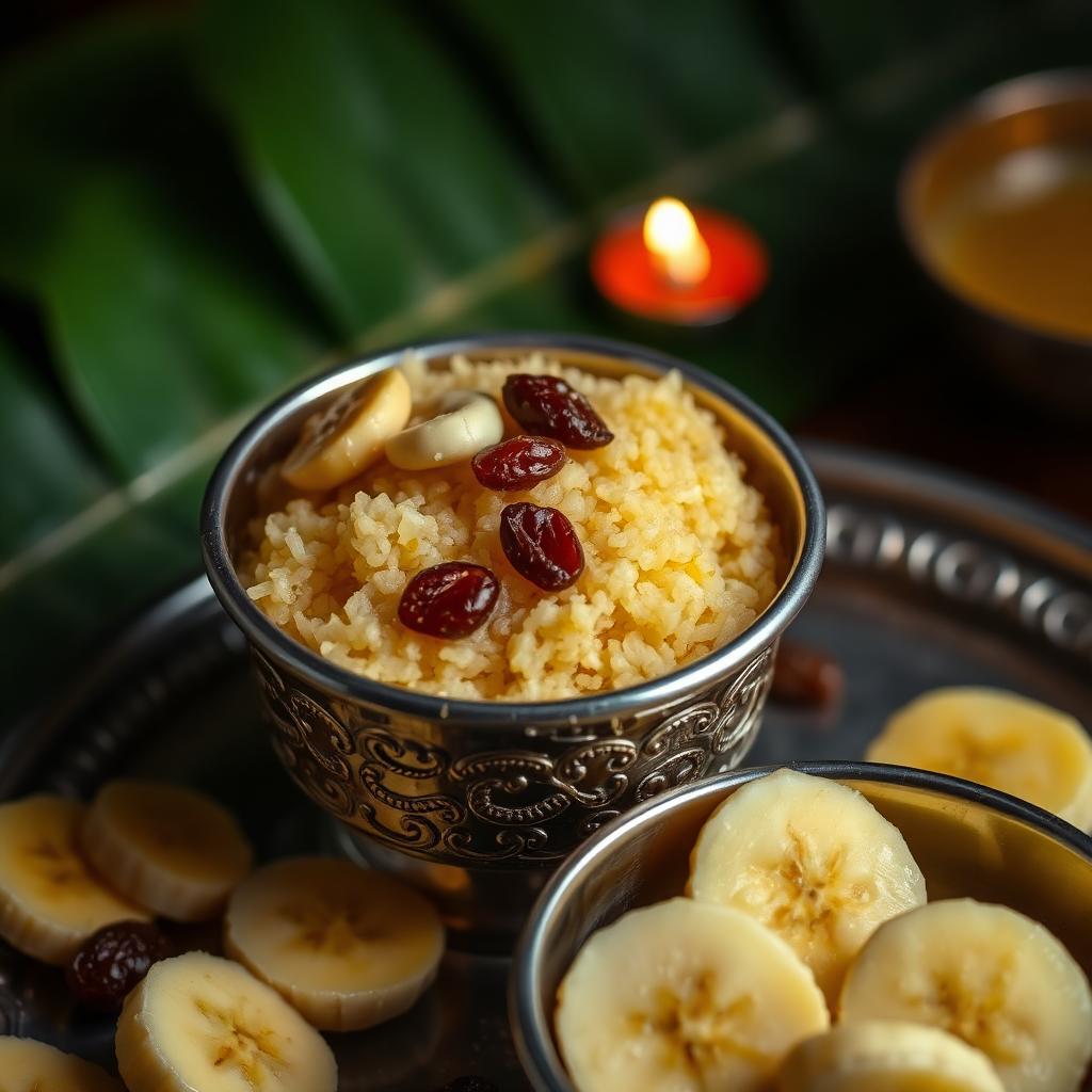Sheera prasad in silver katori with banana slices