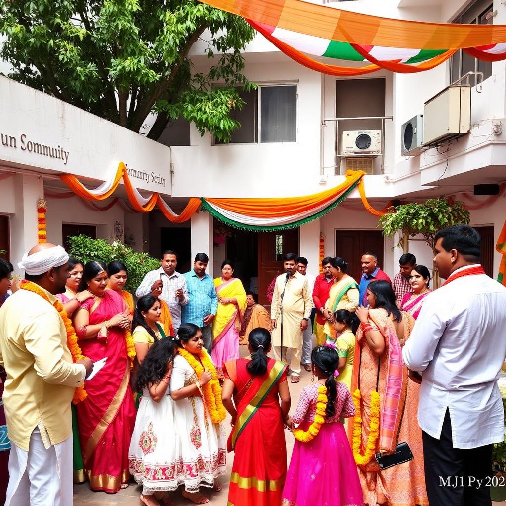 Housing society community celebration with tricolour bunting